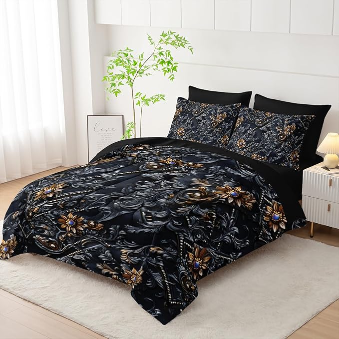 7 Piece Black and Gold Baroque Comforter Set King，Baroque King Bedding，(1 Comforter, 1 Flat Sheet, 1 Fitted Sheet, 2 Pillowcase and 2 Pillow Sham)，Baroque Gothic Bedroom Decor