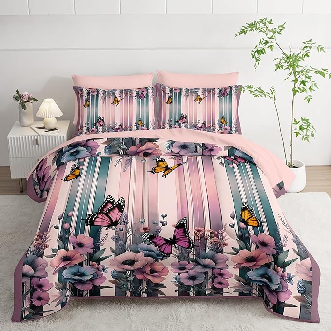 7 Piece Pink Butterfly Comforter Set Queen for Women，Butterfly Bedding Sets Queen 7 Piece，Butterfly Quilt Pattern，(1 Comforter, 1 Flat Sheet, 1 Fitted Sheet, 2 Pillowcase and 2 Pillow Sham)