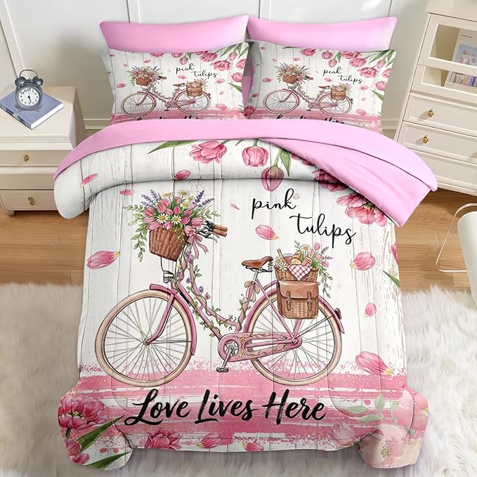 Nesker 7 Pcs Spring Comforter Set Full Size, Pink Tulips Bicycle Bedding Set for Kids and Adults, Farmhouse Bed Sheet Sets with Fitted Sheet 2 Pillowcases & 2 Shams