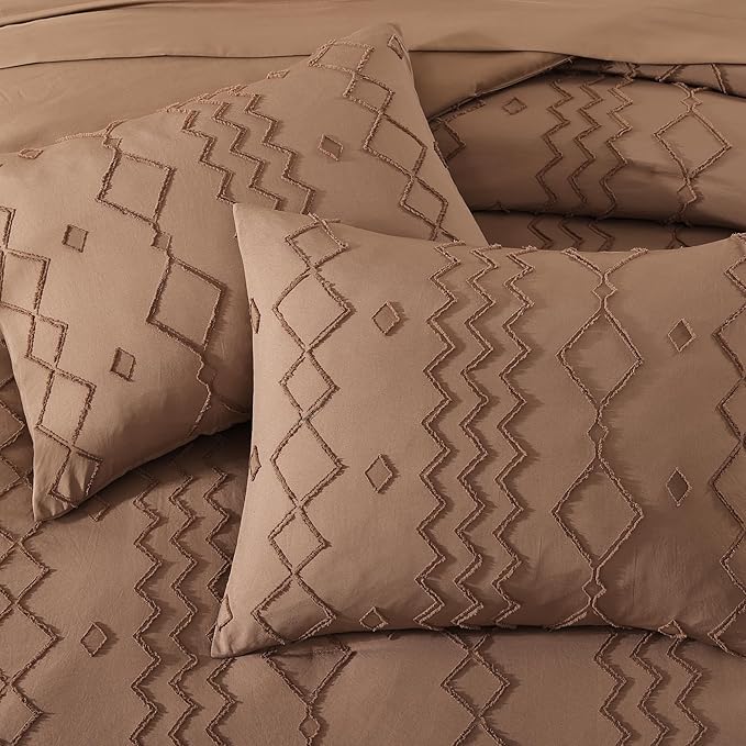 King Size Comforter Set Brown, Tufted Geometric Boho Bedding Farmhouse Bed Set, All Season 7 Pieces Bed in a Bag with Sheets, Pillowcases & Shams