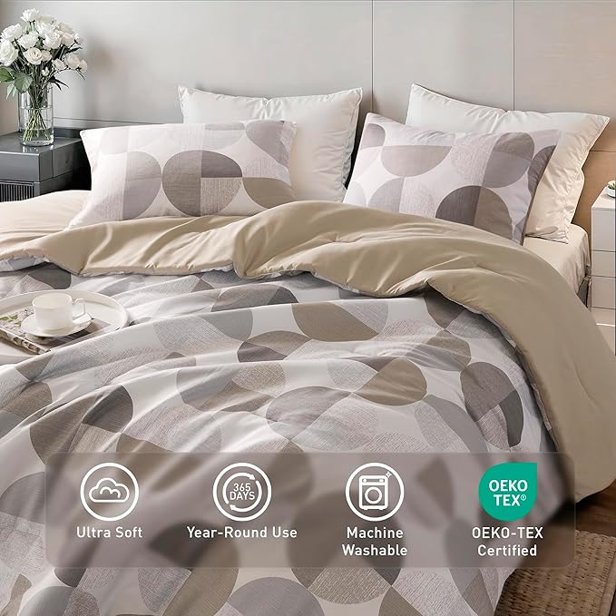 Stylish Three-Tone Printed Queen Size Comforter Set, 3 Pieces Ultra-Soft Microfiber Bedding Set, Warm and Cozy Comforter for All Seasons, Beige Grey