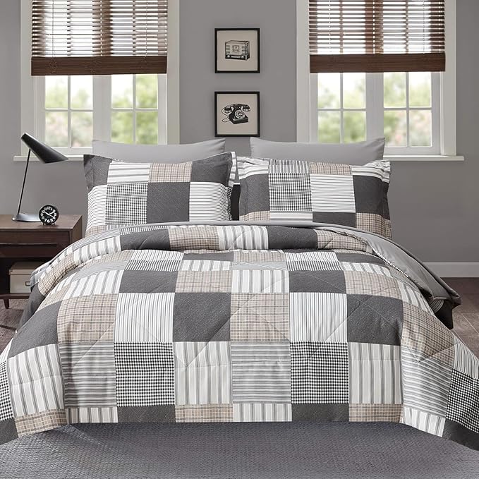 Comforter Set King Size Plaid Patchwork Comforter Bedding-7 Piece Bed in a Bag,Soft Fluffy Reversible Microfiber Bedding Set(1 Comforter,1 Flat Sheet,1 Fitted Sheet,2 Pillowcases,2 Pillow Shams),Grey