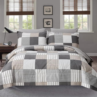 Comforter Set King Size Plaid Patchwork Comforter Bedding-7 Piece Bed in a Bag,Soft Fluffy Reversible Microfiber Bedding Set(1 Comforter,1 Flat Sheet,1 Fitted Sheet,2 Pillowcases,2 Pillow Shams),Grey