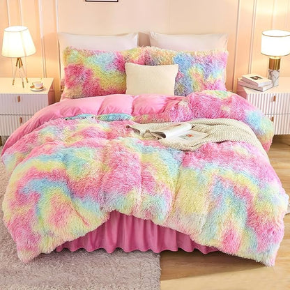 Andency Faux Fur Tie-Dyed Rainbow Comforter King Size, 3 Pieces Fluffy Fuzzy Plush Bedding Comforter Set (1 Shaggy Velvet Comforter & 2 Pillowcases), Soft Puffy Comfy Down Comforter Bedding Set