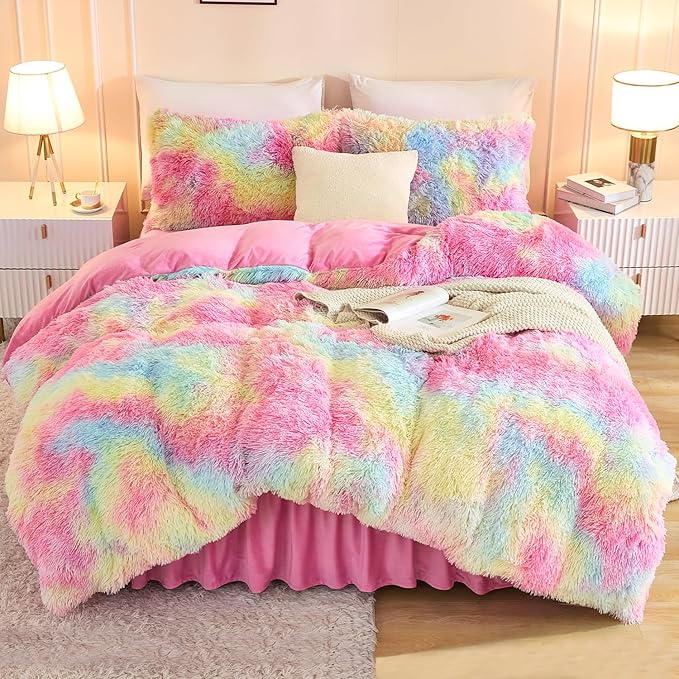 Andency Faux Fur Tie-Dyed Rainbow Comforter Set Full Size, 3 Pieces Fluffy Fuzzy Plush Bedding Comforter Set (1 Shaggy Velvet Comforter & 2 Pillowcases), Soft Puffy Down Comforter Bedding Set
