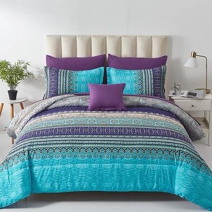 Boho Comforter Set California King Size 8 Piece Bed in a Bag Bohemian Striped Bedding Quilt Set Aqua Paisley Floral Comforter and Sheet Set,Soft Microfiber Complete Bedding Sets for All Season