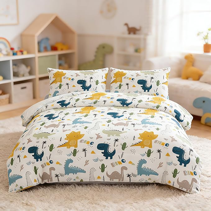 MWMWMW Dinosaur Bedding Set for Boys Twin Size, 2 Piece Cartoon Dinosaur Printed Comforter for Kids Boys, Lightweight Soft Microfiber Kids Bedding Set with Pillowcase All Season Use