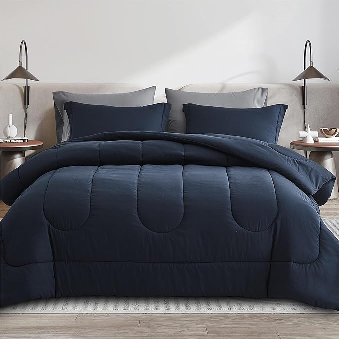 Maple&Stone King Size Comforter Set 7 Pieces Bed in a Bag - Down Alternative Bed Set with Sheets,Pillowcases & Shams, Soft Reversible Duvet Insert for King Bed,Navy & Dark Grey