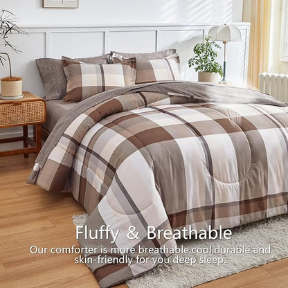 AIKASY Bed in a Bag 7 Piece Queen Size, Brown Plaid Design Soft Microfiber Reversible Bed Comforter Set for All Season (1 Comforter, 2 Pillow Shams, 1 Flat Sheet, 1 Fitted Sheet, 2 Pillowcases)