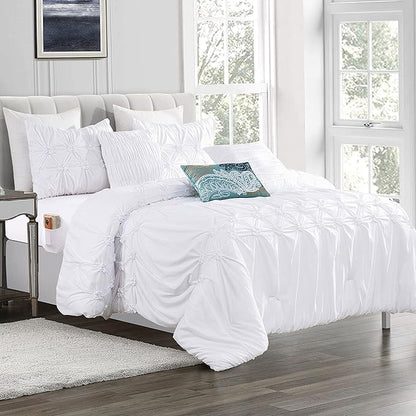 Elegant Comfort 12-Piece Bed-in-a-Bag, Ella Pleated Ruched Pintuck Comforter Set, 6-Piece Sheet Set Featuring Smart Pockets, Matching Decorative Pillows, All Season Bedding, California King, White
