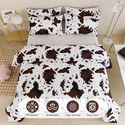 PERFEMET 3 Pieces Boys Twin Comforter Set, Brown White Cow Print Kids Bedding Set with Pillowcases, Geometric Reversible Western Style Bed Set for Teen Boy (Brown White, Twin)
