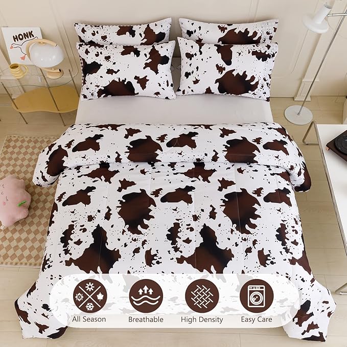 PERFEMET Cow Print Boys Comforter Full Size 3 Pieces - (1 Comforter & 2 Pillowcases), Cowhide Western Bedding Set for Kids Girls, Reversible Plaid Teen Boy Bed Set (Brown White, Full)