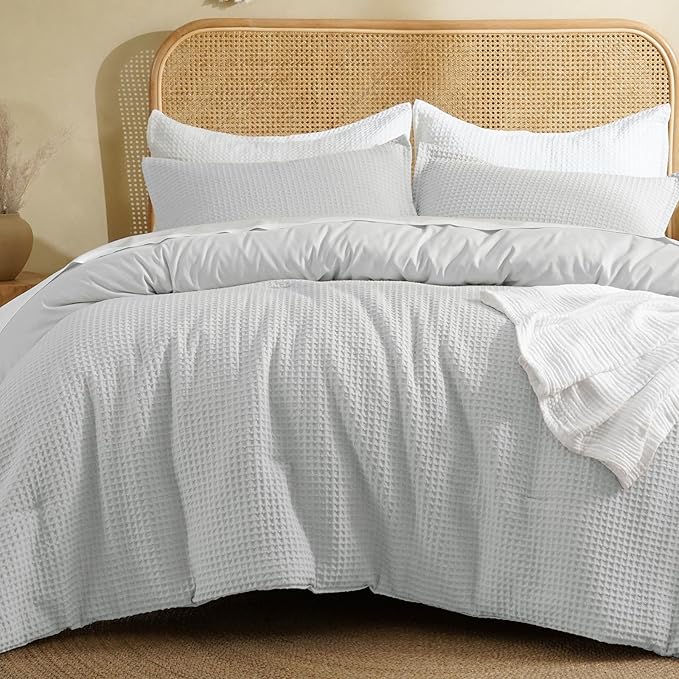 David's Home Waffle Weave Comforter Set 3PCS Queen Size, Soft Breathable Lightweight Cozy Skin-Friendly Warm for All Season, Elegant Aesthetic Home Decor Bedding Set with Pillow Shams, Light Grey