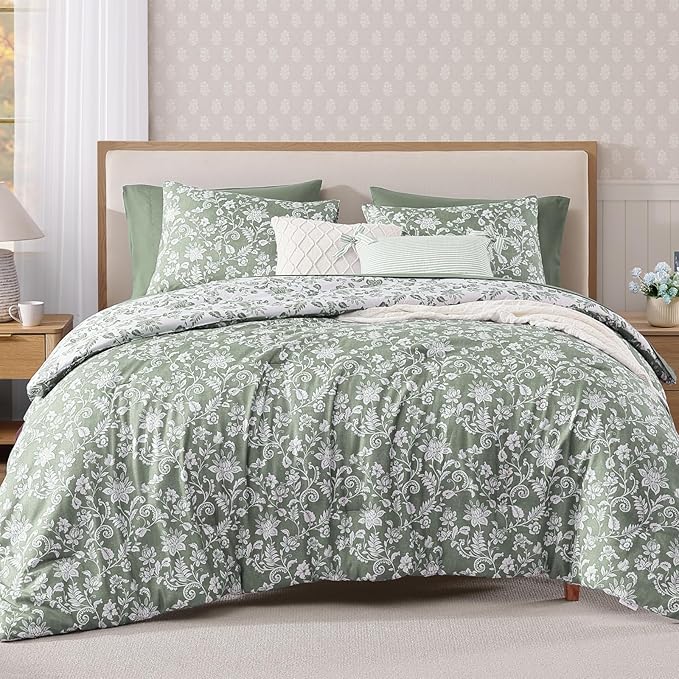 King Comforter Set -7 Pieces Floral Grey Green Comforter Set for All Seasons, Bed in a Bag King with Botanical Flowers Comforter, Sheets, Pillowcases & Shams