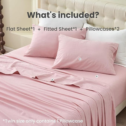 Simple&Opulence Belgian Linen Sheet Set Solid Color - 4 Pieces (1 Flat Sheet & 1 Fitted Sheet & 2 Pillowcases) Natural Flax Cotton Blend Soft Bedding Breathable Farmhouse - Pale Pink, Queen Size