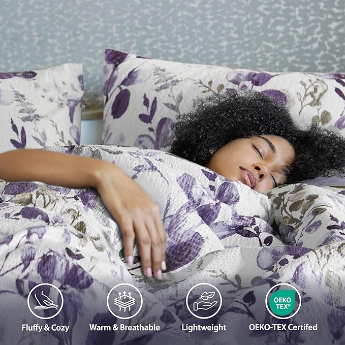 Lightweight Seersucker Botanical King Size Comforter Set, 3 Pieces Reversible Design Bed Comforter, Premium Microfiber Bedding Set, Comforter and Shams Set, Purple