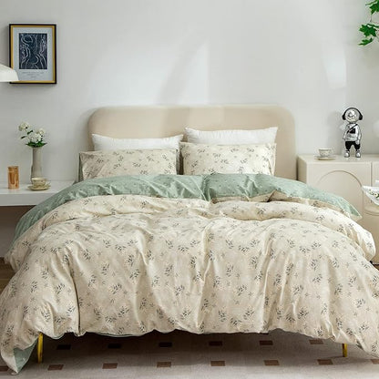 Floral Queen Comforter Set Soft Cute Floral Bedding Comforter Sets Garden Style Green Flower Print Botanical Flowers Queen Comforter Set for All Seasons 1 Comforter and 2 Pillowcases