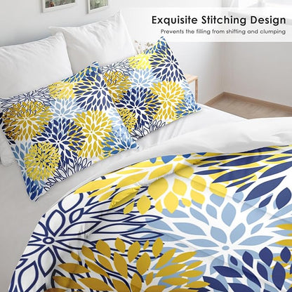 Comforter Set Queen Size, Spring Floral Navy Blue Soft 3 Pcs Bedding for Kids and Adults, Gray Yellow Flower Comforter Set with 2 Pillowcases, for Bedroom Bed Decor