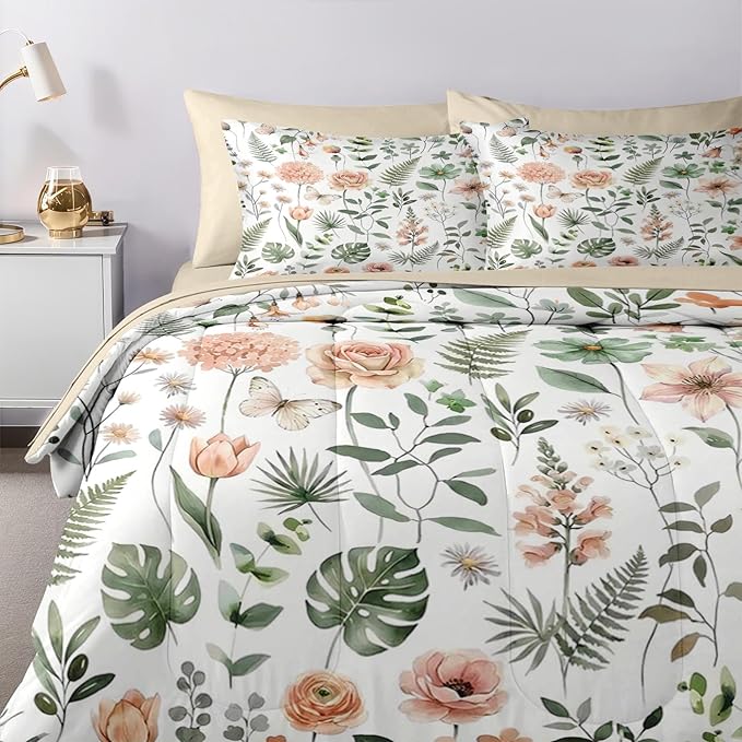 Nesker 5 Pcs Spring Comforter Set Twin Size, Green Floral Bedding Set for Kids and Adults, Fern Rose Tulip Bed Sheet Sets with Fitted Sheet Pillowcase & Sham