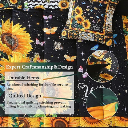 JQinHome Sunflower Comforter Set Twin for Girls Women,6 Piece Bed in A Bag 3D Black Sunflower Theme Butterfly Bedding Set with Sheet Set(Black)