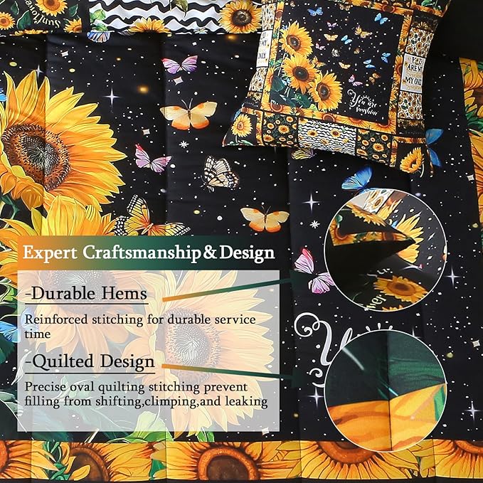 JQinHome Sunflower Comforter Set Queen for Girls Women,8 Piece Bed in A Bag 3D Black Sunflower Theme Butterfly Bedding Set with Sheet Set(Black)