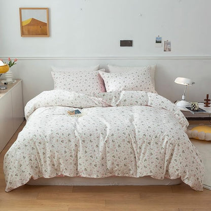 MKXI Pink Floral Girls Comforter Set Cute Bed Quilt Set Fluffy Bedding Set White Patterned Comforter 80"x90" Simple Full Size Comforter Set