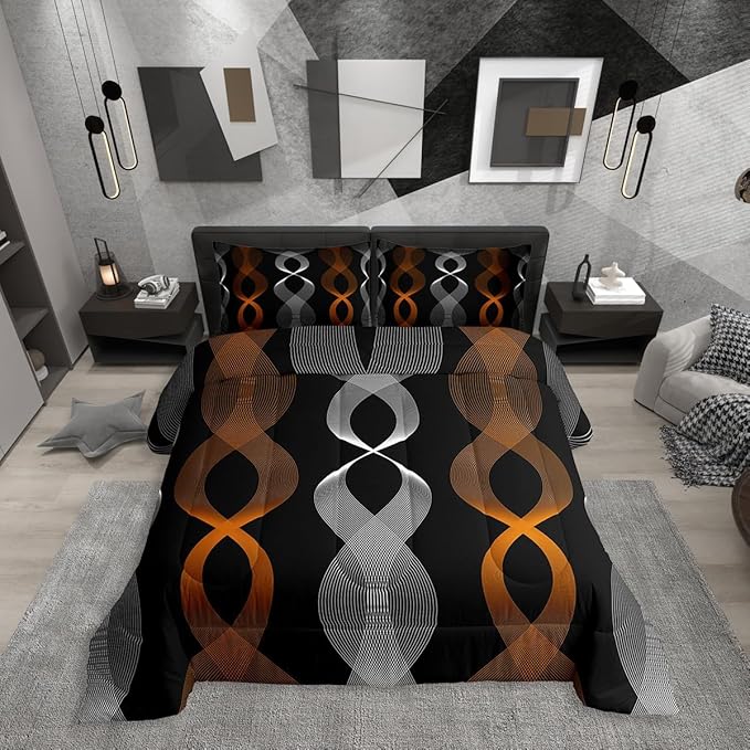 Erosebridal Orange and Black Bedding Set Twin, Orange Striped Abstract Comforter Set, Geometric Stripes Artistic Line Comforter for Women Men Teens Bedroom, Contemporary Boho Modern Art Quilt