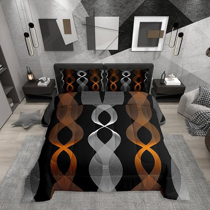 Erosebridal Orange and Black King Comforter Set, Orange Striped Abstract Bedding Set, Geometric Stripes Artistic Wavy Line Comforter for Women Men Teens Bedroom, Contemporary Boho Modern Art Quilt