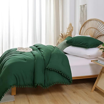 YIRDDEO Queen Comforter Set - Comforter Queen Size Sets with Ball Pom Fringe, Soft Bedding Set for All Seasons - 3 Pieces, 1 Comforter (90"x90") & 2 Pillow Shams (20"x26"), Emerald