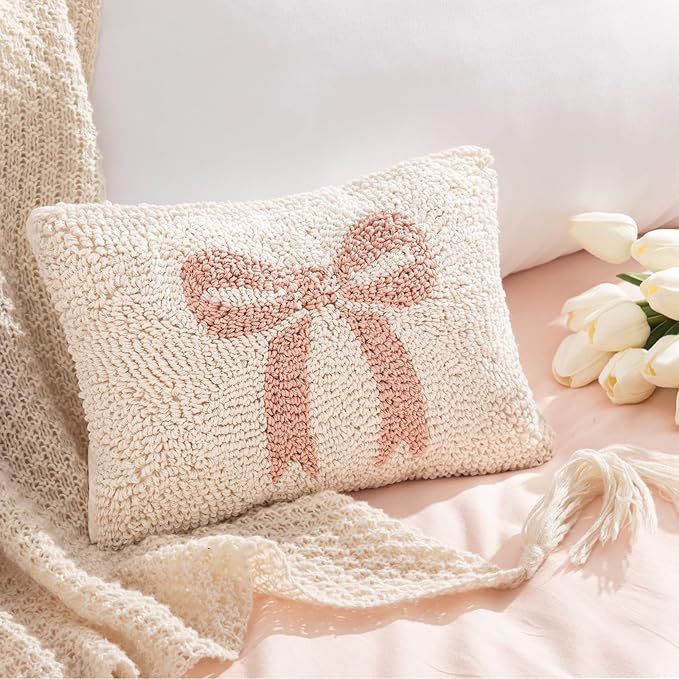 Peryiter Handicraft Bow Throw Pillow 12'' x 8'' Coquette Needlepoint Throw Pillow Cute Bow Decor Gift for Home Decoration Party Decor, Couples, Wedding, Room Cushion