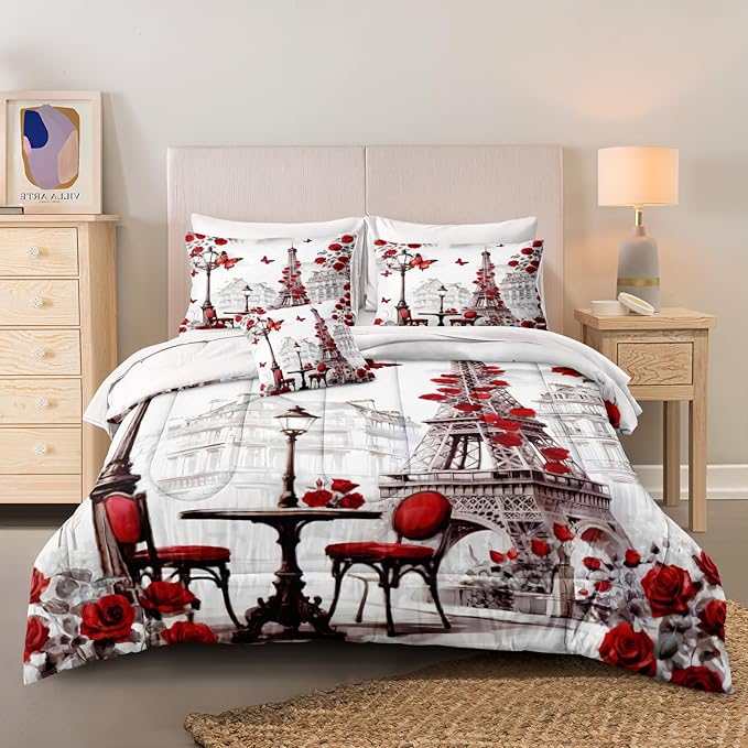 Paris Comforter Set 8 Pcs Red Rose Bedding Set Eiffel Tower Retro France Comforter Red Butterfly Romantic French Bed Comforter Queen Bed in A Bag