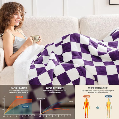 Heated Electric Blanket Throw, 50X60 Heating Blanket with 10 Heat Level & 8 Hours Auto Off for Lap, Deep Purple Checkered Plaid Soft Sherpa Blankets Warmer Gifts for Couch Grandma Women Adults