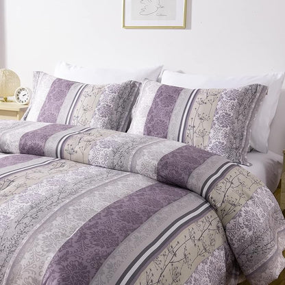 Sunshine Nicole Soft Brushed Microfiber Comforter Set, 7 Pieces King, with Light Weight Soft Poly Fill, Printed Purple Grey Florals Face with Light Grey Reverse