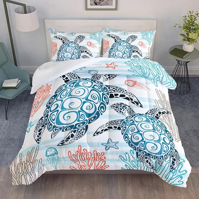 HOSIMA Sea Turtle Comforter Set,Coastal Beach Themed Bedroom Comforter Set Queen Size for Kids Teen Girls Boys Room Decor,Turtle Twin Bed in a Bag for Girls with 2 Pillowcases.