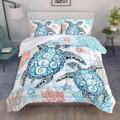 HOSIMA Sea Turtle Comforter Set,Coastal Beach Themed Bedroom Comforter Set Queen Size for Kids Teen Girls Boys Room Decor,Turtle Twin Bed in a Bag for Girls with 2 Pillowcases.