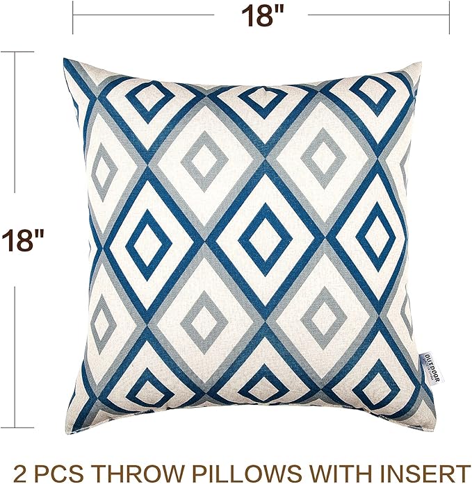 JMGBird Outdoor Pillows Set of 2 with Inserts - 18x18 Waterproof Throw Pillows for Patio Furniture, White Diamond Pattern Decorative Cushions for Deck Garden