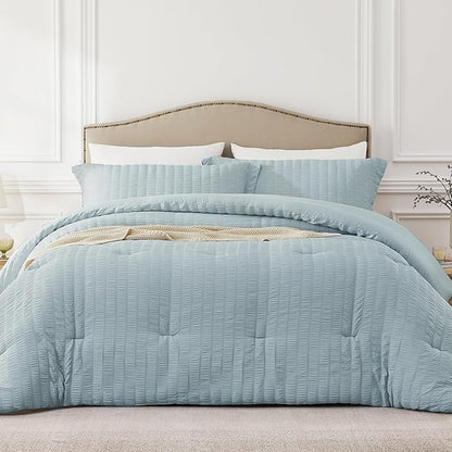Full Size Comforter Set Mist Blue,3PCS Seersucker Lightweight Bedding Comforter for All Season, Full Size(82''×86'' Comforter & 2 Pillowcases)