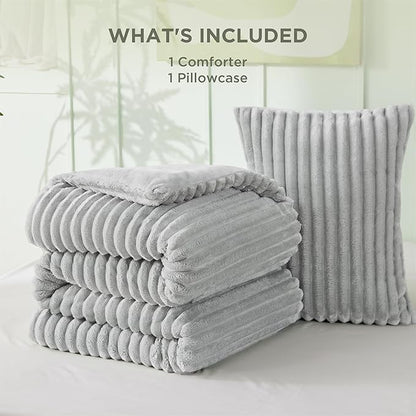 Bedsure Twin/Twin XL Comforter Set - GentleSoft™ 2 Pieces Fluffy Double-Side Fleece Comforter Set, Cozy Striped Room Decor Aesthetic, Luxury Light Grey Twin Bedding with 1 Pillowcase, 68x88 Inches
