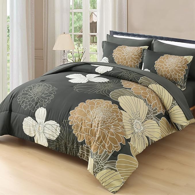 Yiran Queen Khaki Grey Brown Comforter Set - 7 Pieces Floral Bedding Sets,Bed in a Bag Soft Microfiber Comforter with Flat Sheet Fitted Sheet Pillowshams Pillowcases