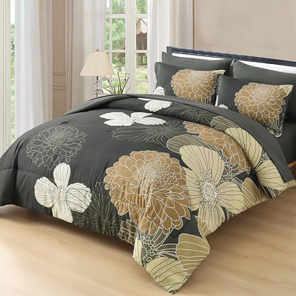 Yiran Queen Khaki Grey Brown Comforter Set - 7 Pieces Floral Bedding Sets,Bed in a Bag Soft Microfiber Comforter with Flat Sheet Fitted Sheet Pillowshams Pillowcases