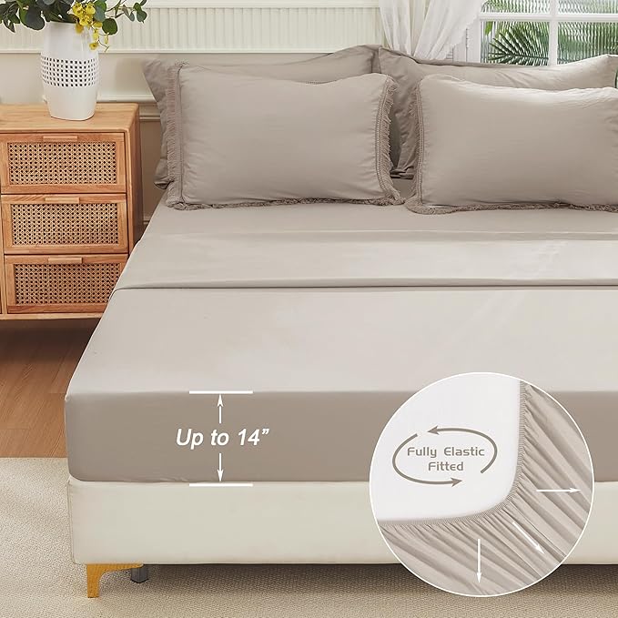 Andency Wheat Full Size Comforter Set with Sheets - 7 Pieces Boho Tassel Bed in a Bag Soft Lightweight Bedding Sets, Wheat Fringe Bed Set with Comforter, Sheets, Pillowcases & Shams