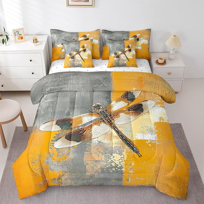 Erosebridal Hippie Dragonfly Bedding Twin Size 7-Piece Yellow Grey Oil Painting Comforter Set, Aesthetic Bed in a Bag (1 Comforter, 1 Fitted Sheet, 1 Flag Sheet, 2 Pillowcases, 2 Throw Pillow Covers)