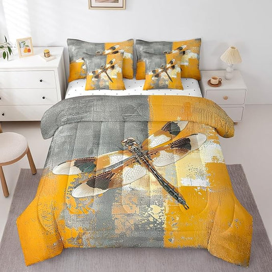 Erosebridal Hippie Dragonfly Bedding Full Size 7-Piece Yellow Grey Oil Painting Comforter Set, Aesthetic Bed in a Bag (1 Comforter, 1 Fitted Sheet, 1 Flag Sheet, 2 Pillowcases, 2 Throw Pillow Covers)