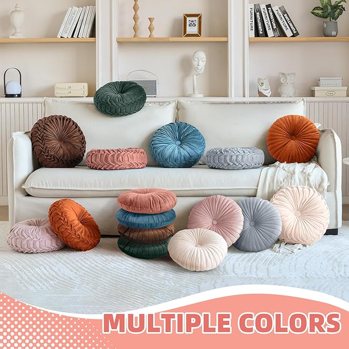 2 Pcs Round Throw Pillows Pleated Velvet Pumpkin Round Pillows Floor Cushion for Living Room Couch Chair Bed Sofa 15.7"x15.7"/13.8" x 13.8" (Olive)