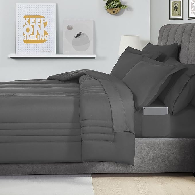 Full Size Comforter Set Quilted Stripe Bedding Bundle – Stylish Set with Comforter, Mattress Protector, Sheet Set & Pillow Shams — Sophisticated Striped Design for Home & Guest Rooms, Charcoal