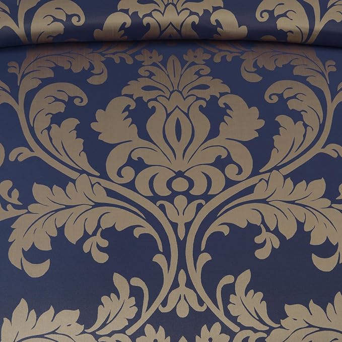 Chezmoi Collection Valor 7-Piece Queen Bed in a Bag, Navy/Gold Luxury Jacquard Floral Comforter with Sheets Set for All Season