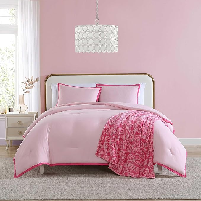 Betsey Johnson - Twin Comforter Set, Bedding Set with Matching Sham & Bonus Soft Throw, Dorm Essentials (Signature Hotel Solid Pink)