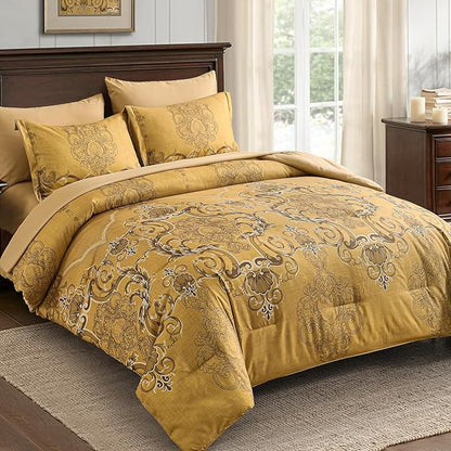 Mybedsoul 7 Pieces Gold Comforter Set King Size, Damask Bed in a Bag for King Bed, Lightweight Microfiber Boho Bedding Sets with Comforter, Sheet, Pillowcases & Shams for All Season(90"x104")