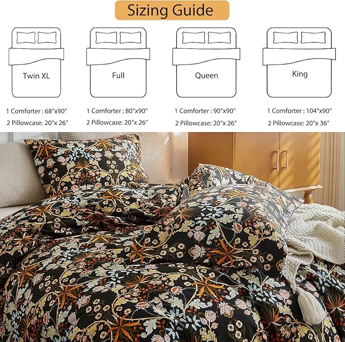 mixinni Vintage Floral Comforter Set Queen, All Seasons Bohemian Bedding Set, 3 Pieces Farmhouse Boho Shabby Chic Vibrant Colors Flowers Plants Comforter Set Perfect for Women and Men-Queen Size