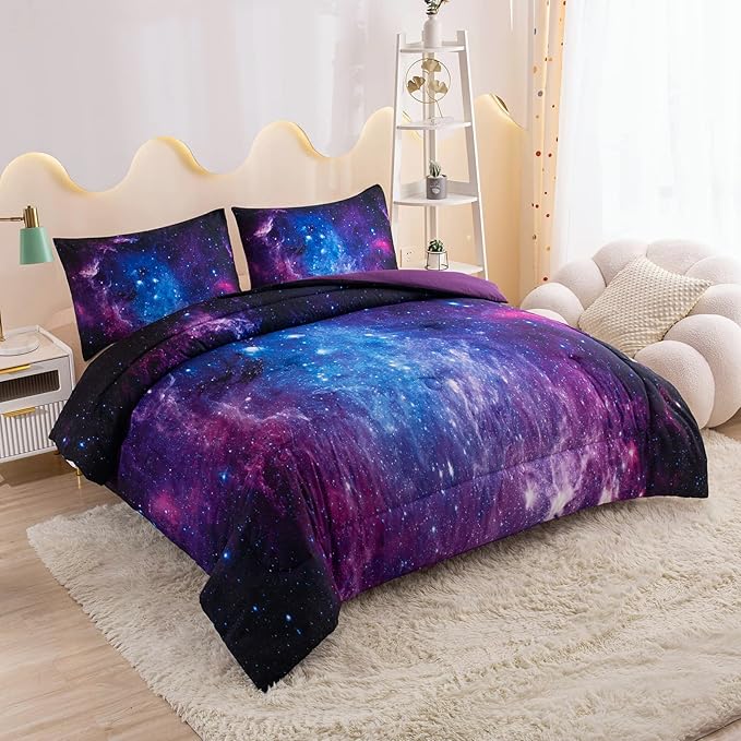 MWMWMW Galaxy Comforter Set Full, Purple Space Bedding Set, Purple Girls Bedding Sets Full with 1 Comforter, 2 Pillow Case